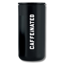 Load image into Gallery viewer, Black french press with caffeinated written down the side