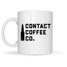 Load image into Gallery viewer, White mug with Contact Coffee bullet logo on