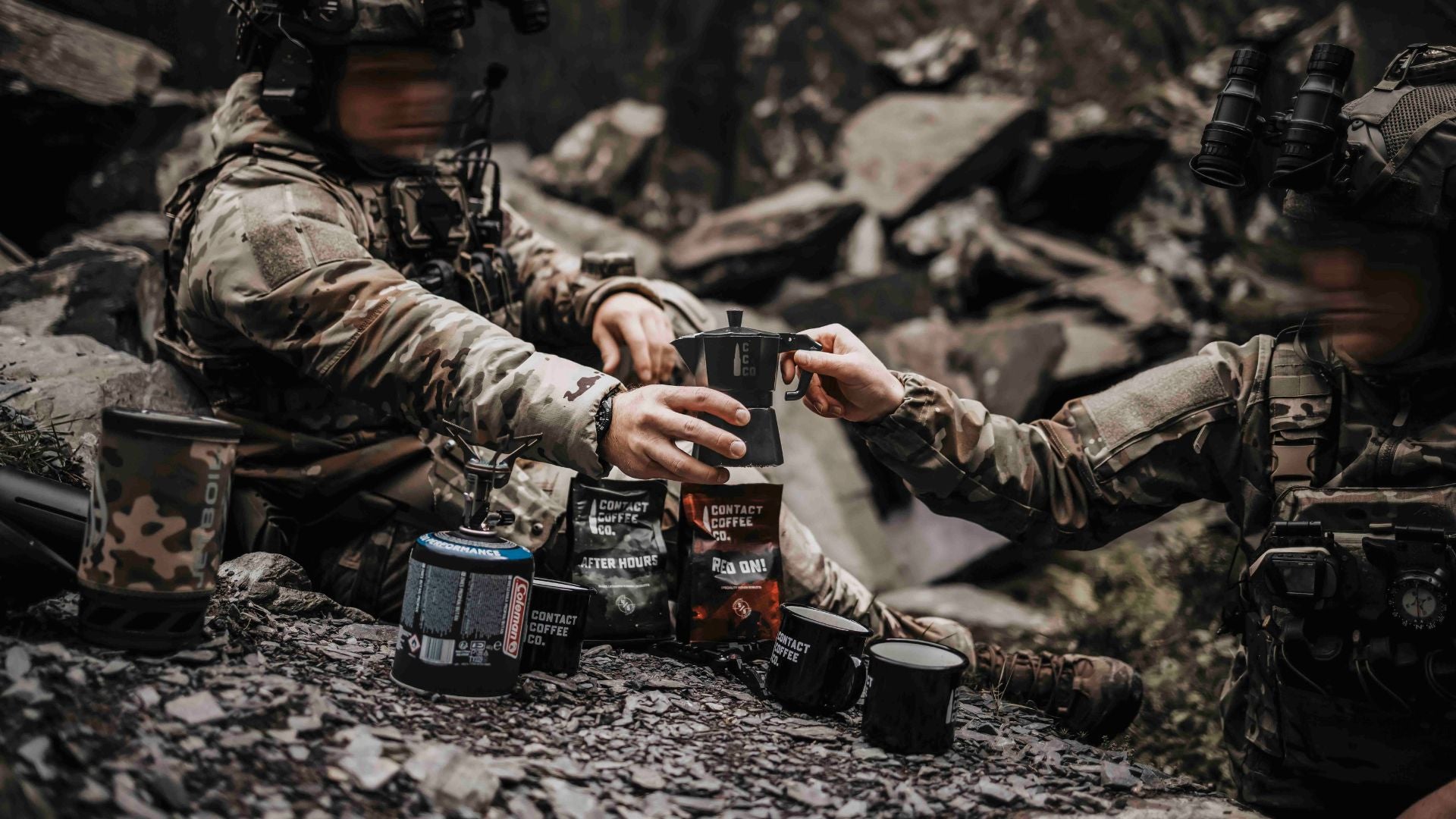 soldier using a moka pot outside