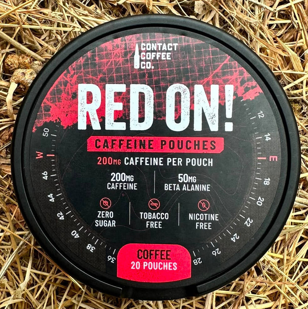 Red On caffeine pouches in Coffee and Arctic Mint, compared against Belter energy pouches