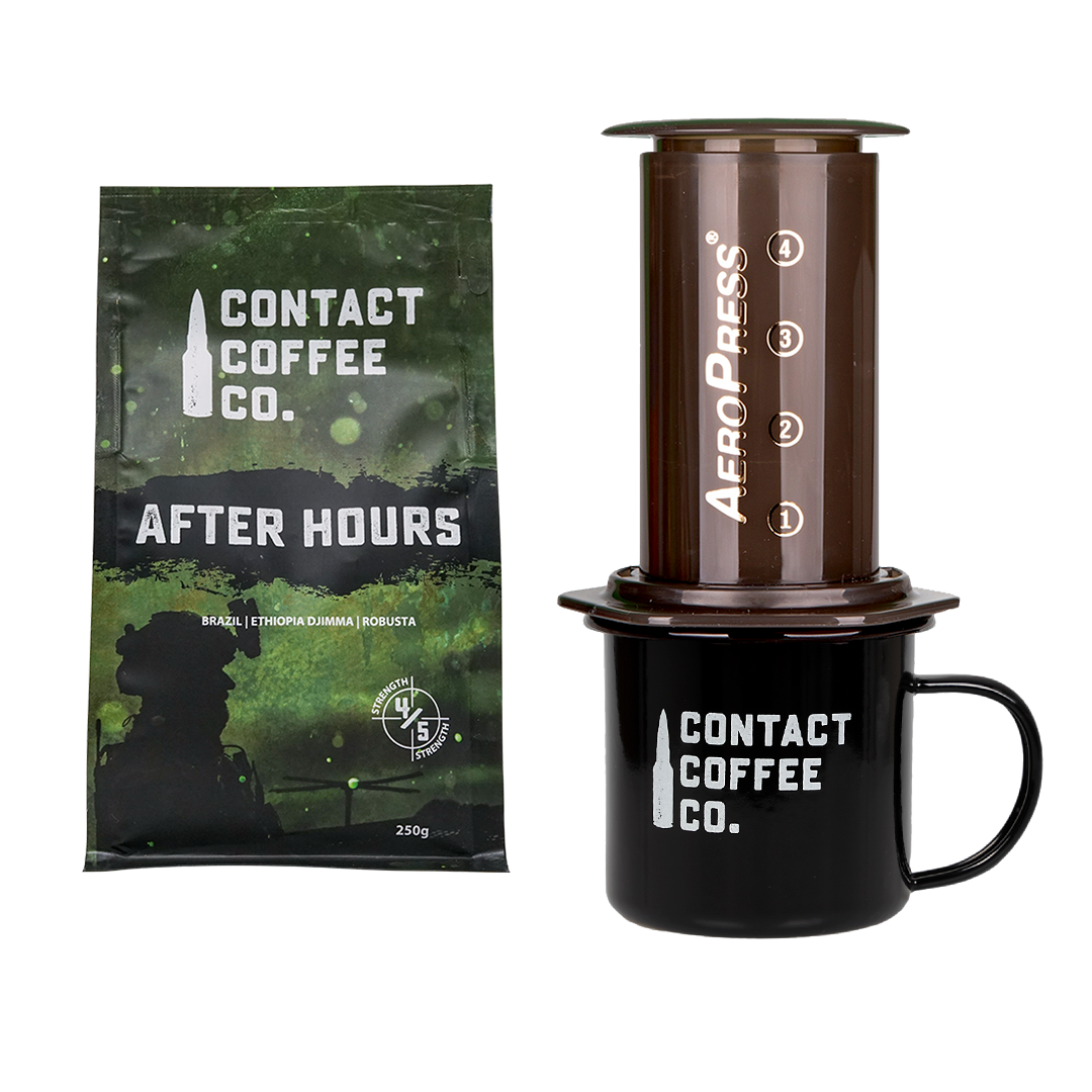 Contact Coffee Care Package hamper with AeroPress, enamel mug and fresh coffee