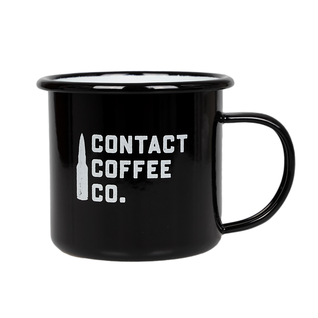 Matt black Contact Coffee enamel mug, the standard kit-bag camping mug and a classic camping gift