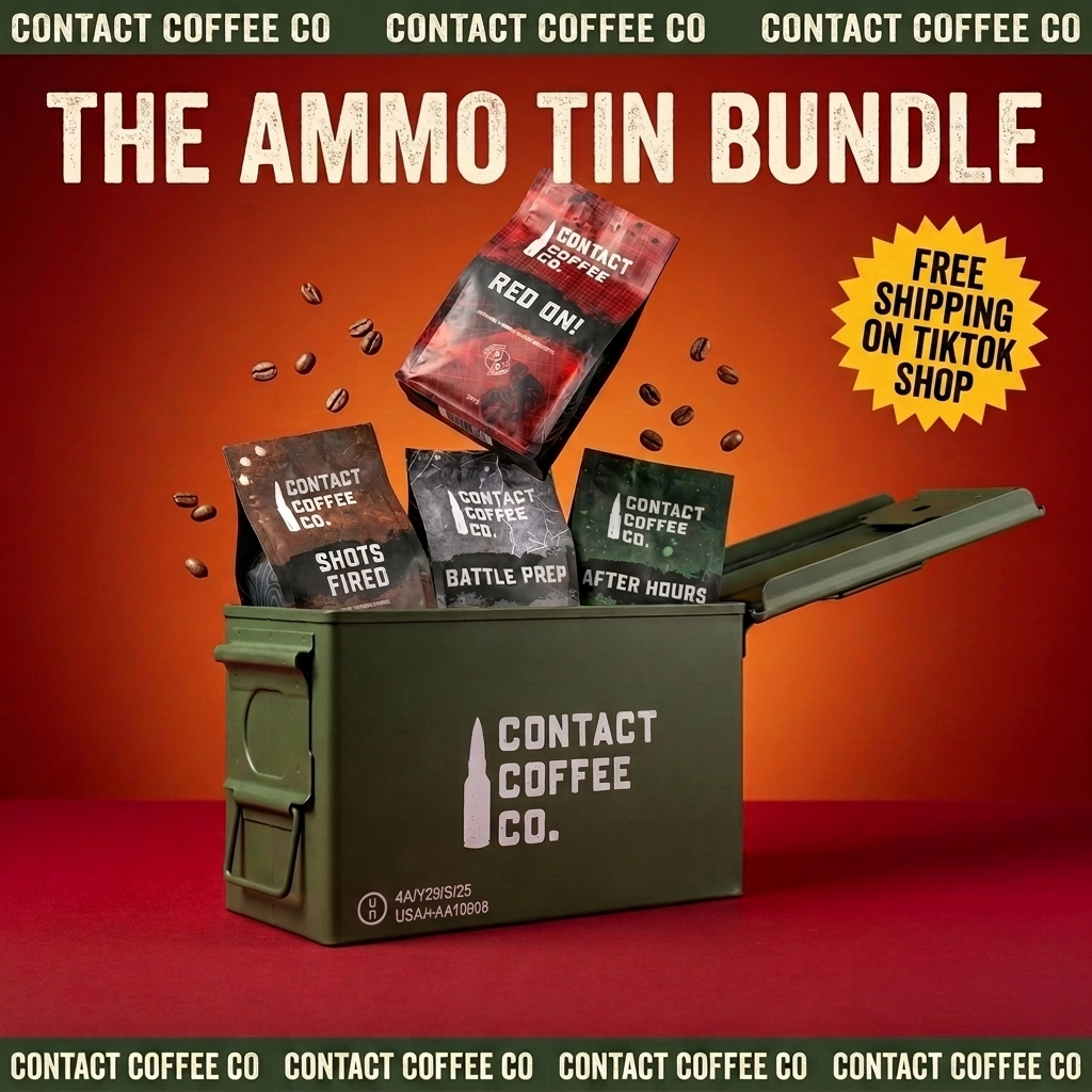 Contact Coffee Resupply ammo tin: four bags of fresh roasted UK military coffee in a steel M2A1 tin, the benchmark Tactical Coffee is compared against in this review