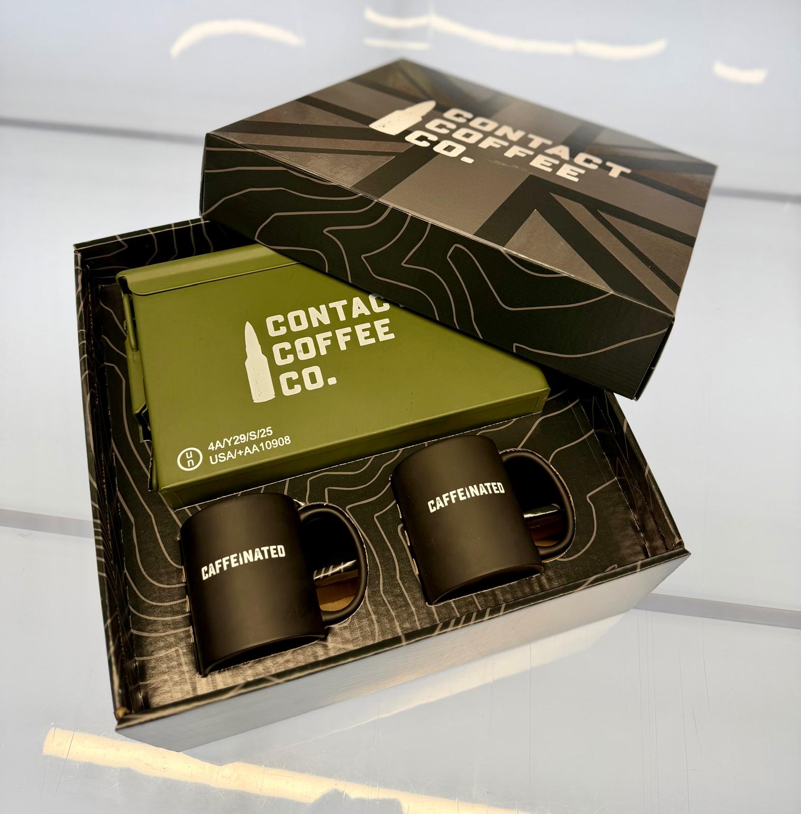 Ammo Tin Coffee Gift Set open in its Union Jack presentation box: olive M2A1 ammo tin and two matte black Contact Coffee mugs