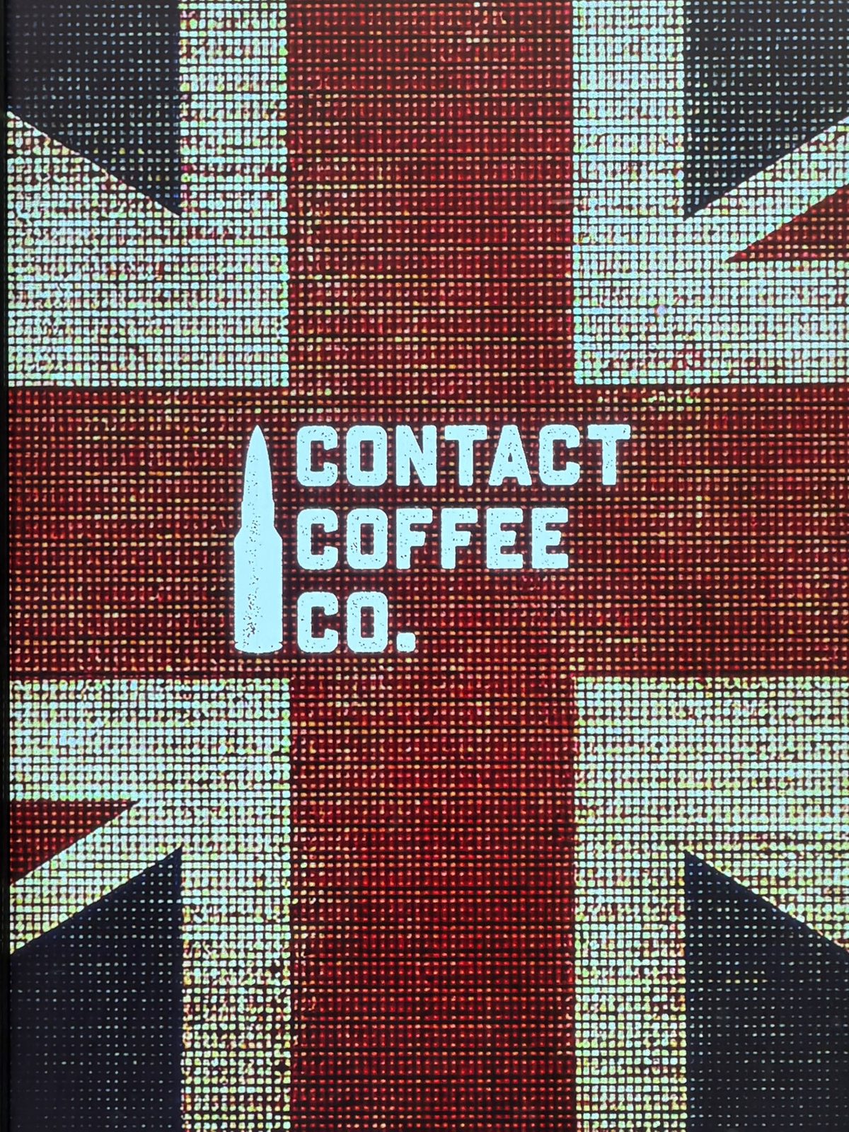 Close up of the Union Jack on a Contact Coffee digital billboard screen