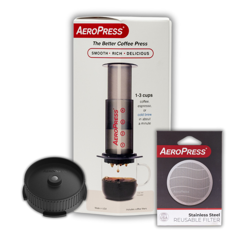 Aeropress Coffee Maker Bundle including Aeropress, stainless steel filter and flow control cap