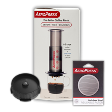 Load image into Gallery viewer, Aeropress Coffee Maker Bundle including Aeropress, stainless steel filter and flow control cap
