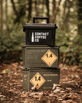  Contact Coffee ammo box stacked on military ammo boxes