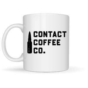 White mug with Contact Coffee bullet logo on