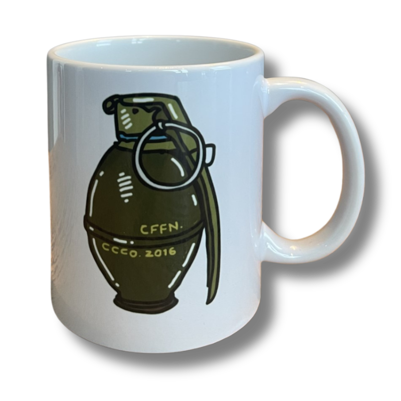 White mug with a green grenade on. CCCO 2016 on the grenade