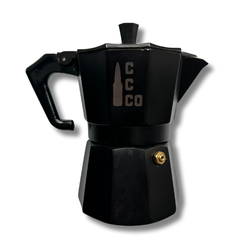 Black stove pot coffee maker with engraved Contact Coffee logo