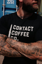 Load image into Gallery viewer, Contact Coffee Logo T-Shirt, Black - chest logo detail
