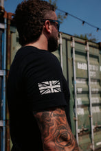 Load image into Gallery viewer, Contact Coffee Logo T-Shirt, Black - Union Jack sleeve detail
