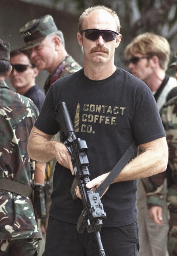 Contact Coffee Camo T-Shirt, Black - camo stencil logo worn in the field