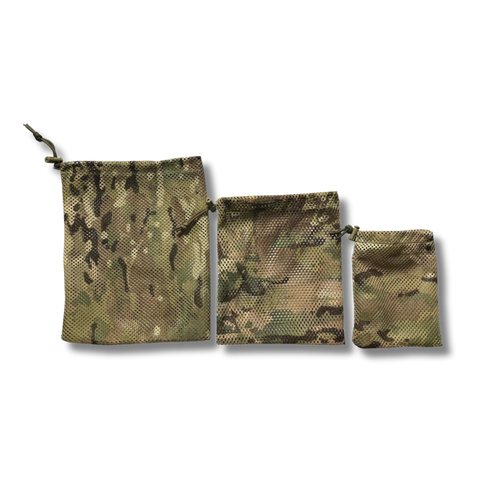 3 camo mesh stash bags with drawstring tops