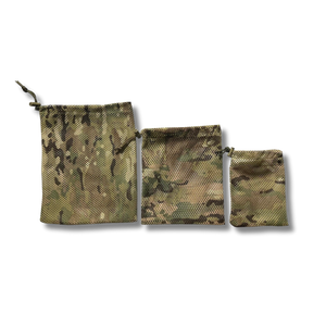 3 camo mesh stash bags with drawstring tops