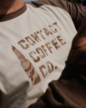 Load image into Gallery viewer, Contact Coffee Baseball Long Sleeve, Cement / Clay - camo stencil logo detail
