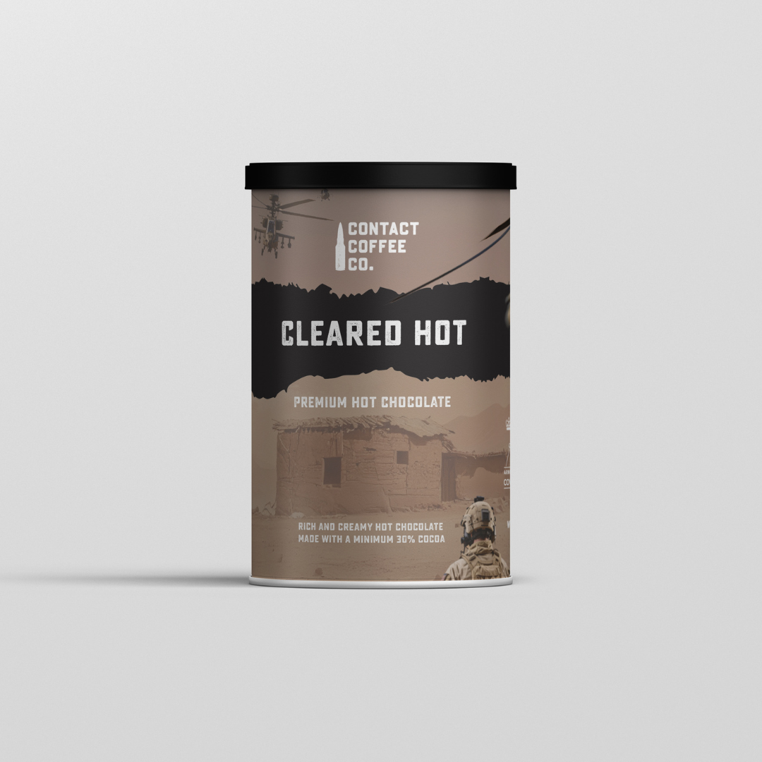 Contact Coffee Co. Cleared Hot premium hot chocolate packaging on a light gray background