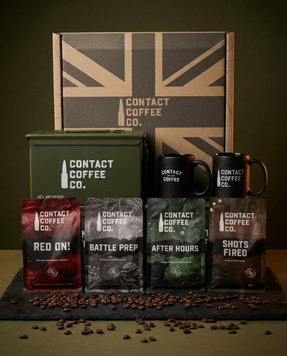 Coffee Resupply Gift Box: Union Jack gift box, genuine M2A1 ammo tin, two black Contact Coffee mugs and four coffee bags
