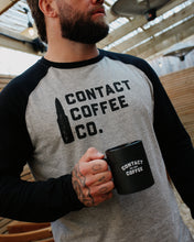 Load image into Gallery viewer, Contact Coffee Baseball Long Sleeve, Heather Grey / Black - logo with mug
