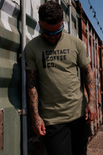 Load image into Gallery viewer, Contact Coffee Logo T-Shirt, Military Green - worn front on

