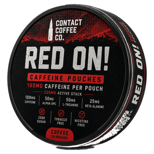 Red On Caffeine Pouches tin, Coffee flavour, 20 pouches, 225mg active stack of 100mg caffeine, 50mg Alpha GPC, 50mg L-theanine, 25mg Beta Alanine, zero sugar, tobacco free, nicotine free