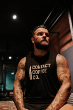 Load image into Gallery viewer, Contact Coffee Co. Raw Edged Men's Gym Vest, black - front on seated
