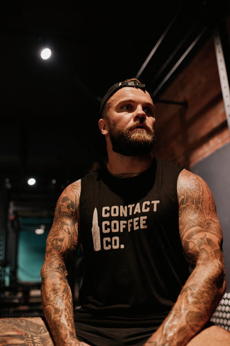 Contact Coffee Co. Raw Edged Men's Gym Vest, black - front on seated