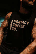 Load image into Gallery viewer, Contact Coffee Co. Raw Edged Men's Gym Vest, black - logo detail
