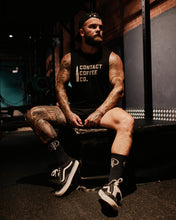 Load image into Gallery viewer, Contact Coffee Co. Raw Edged Men's Gym Vest, black - full outfit in gym
