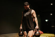 Load image into Gallery viewer, Contact Coffee Co. Raw Edged Men's Gym Vest, black - kettlebell carry

